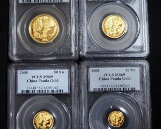 2005 China Panda Gold Coins, Qty 4, Includes 200 Yn, 100 Yn, 50 Yn, And 20 Yn, (Approx .9 oz Total Of Gold), All Certified PCGS, All Graded MS 69