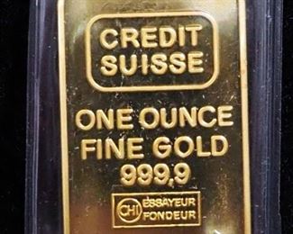 1 oz .9999 Fine Gold Bar, Stamped Credit Suisse, With COA