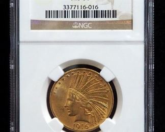 1916 S Indian Head Eagle $10 Gold Coin, Certified By NGC, Graded MS61