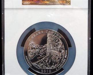 2010 5 oz Silver 25 Cent Grand Canyon Coin, Early Releases, Certified By NGC, Gem Uncirculated