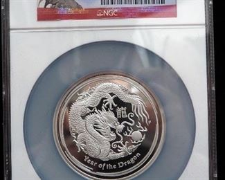 2012 P Australia Year Of The Dragon $8 Silver Coin, 5 oz .999 Silver, Certified By NGC, Graded PF 70 Ultra Cameo, With COA
