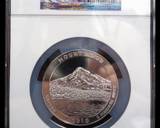 2010 5 oz Silver 25 Cent Mount Hood Coin, Early Releases, Certified By NGC, Gem Uncirculated