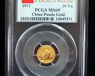 2012 China Panda 20 Yn Gold Coin, 1/20 oz .999 Gold, Certified By PCGS, Graded MS69