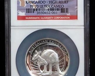 2011 P Australia Kangaroo High Relief Silver Dollars, Certified By NGC, Graded PF70 Ultra Cameo, With COAs, Qty 2