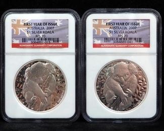 2007 Australia Koala Silver Dollars, Certified By NGC, Graded MS70, Qty 2