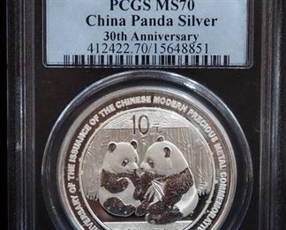 2009 China Panda 30th Anniversary 10 Yn Silver Coin, Certified By PCGS, Graded MS70, With COA