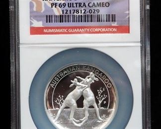 2010 P Australia Kangaroo High Relief $1 Silver Coin, 1 oz .999 Silver, Certified By NCG, Graded MF69 Ultra Cameo, With COA