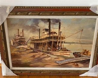 Robert Malcolm Rucker oil painting of Tennessee Belle on the Mississippi River . Docked in New Orleans.  Listed artist -