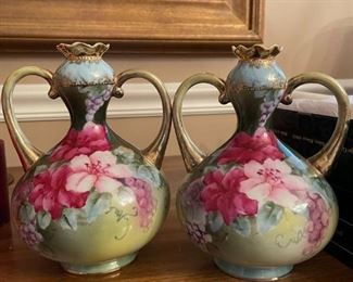 Gorgeous handpainted candleholders - vase-shaped with 2 side handles