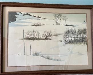 Large, framed, with mat winter scene print art