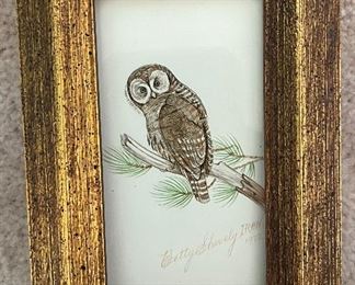 Very small framed owl picture
