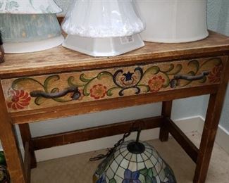 Handpainted Detail Side Table - Lots of Lamp Shades. 