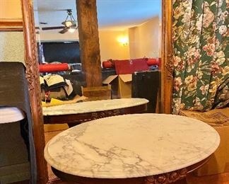 Large Framed Beveled Mirror. Marble Top Table