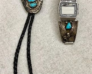 Signed Silver & Turquoise Bolo & Watchband