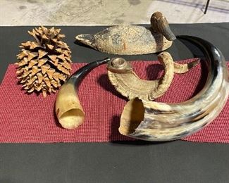 Various Horn Items, Vintage Carved Decoy with glass eyes