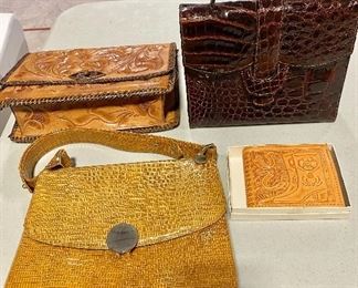 Vintage Ladies Purses - Hand Tooled Leather, "The Elaine Shop", Alligator,