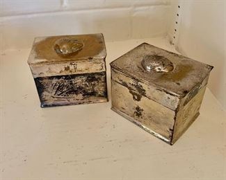 $30 - Pair of silver plate boxes with shell motif -   Each 3" H 3.5" W 2.5" D. 