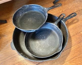 $40 each small; $75 large SOLD - Cast iron pans
