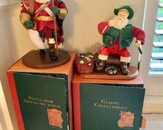 $40  - Vintage Christmas decor.  Scottish Santa (left) SOLD: 11" H. $20  Santa fishing (missing part of pole)  10" 