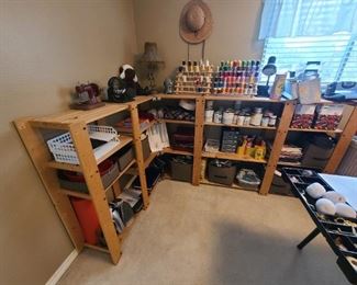 Wood supply shelving w/threads and sewing crafts