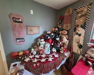 Christmas decorations including a collection of all shapes and sizes snowmen