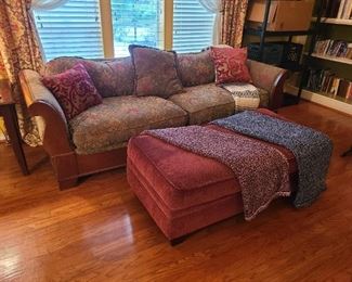 Another wood frame couch with large ottoman