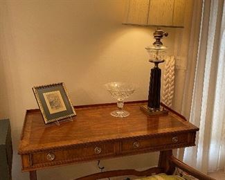 Baker Furniture Louis XVI Desk   Renoir Etching, Table Lamp, Waterford Compote 