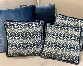 Item 108:  Set of 5 Blue Pillows including 3 Zigzag Patterned:    $95                                                                                               Largest - 20" x 20"