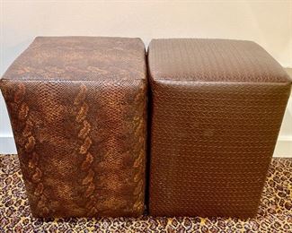 Item 17:  (2) Carter Leather Embossed Leather "Snakeskin" Cubes (left) - 15"l x 15"w x 21"h:   $175 ea                                                                                                                      Item 18:  (2) Carter Leather Woven Leather Cubes (right) - 15"l x 15"w x 21"h:  $175 ea