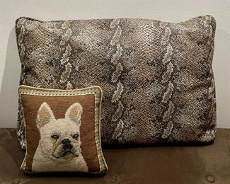 Item 123:  Faux Snakeskin Pillow (rear): $42                                                                   Item 124:  Bulldog Needlepoint Pillow (front):  $28