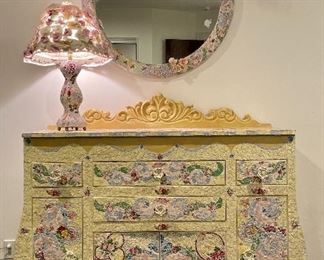 Item 23:  Heavy Mosaic Dresser - 53.5"l x 22.5"w x 50"h: $475                                                                                                         
Item 24:  Mosaic Mirror - 36": $275