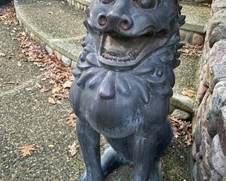 Item 35:  (2) An impressive pair of very large patinated bronze foo dogs signed by artist Lanford Monroe.- 28" x 42":  $4700/Pair