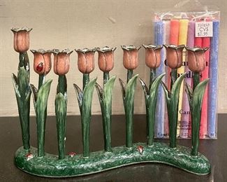 Item 150:  Enamel over Pewter, Handpainted Tulip Menorah by Quest - comes with Candles:  $125