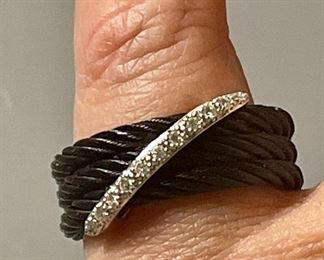 Item 162:  Vintage Charriol Three-Band Diamond Rope Cable Ring in 18 Karat White Gold with Diamonds:  $875