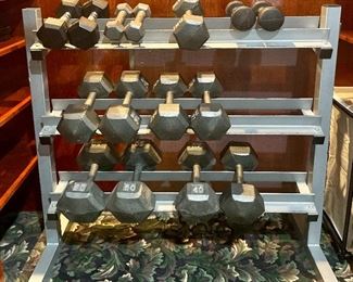 Item 190:  Free Weights & Rack:  $175                                                                           5, 7, 10, 30, 35, 40, 50 (only 1 20 lb. weight) 