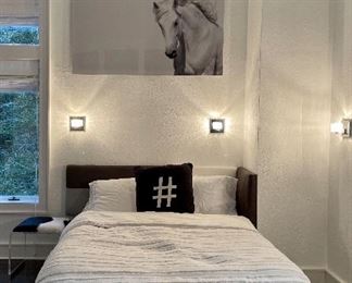 Item 56:  Queen Platform Bed with Contemporary Color Block Suede L- Shaped Headboard, Faux Fur Trim Around Base:  $365