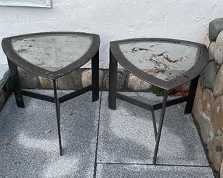 Item 265:  (6) Triangle Outdoor Tables- two bronze and two brushed chrome: $32 each for the bronze and $5 each for the brushed chrome as they have no glass.