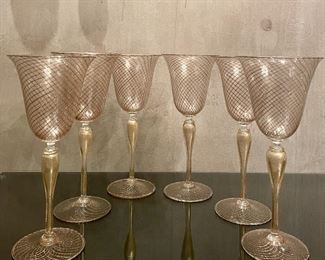 Item 290:  (6) Gorgeous Gold Swirl Art Glass Wine Glasses: $75