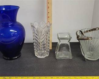 Large blue vase, clear flower vases & ice bucket