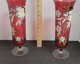 (2) Vases cranberry glass hand painted