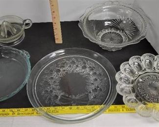 Deviled egg dish, juice reamer, serving bowl & pyrex pie dish