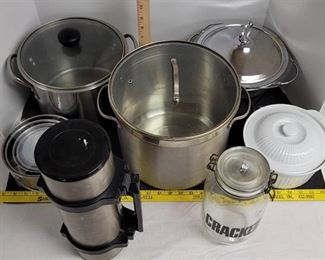 Jumbo cooking pots, overware w/lid, thermos hiker w/narrow neck & more