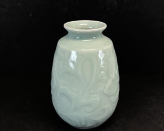 Asian Floral Relief Pattern Green Vase - Signed