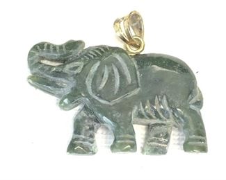 Green Jade Elephant Pendant With Silver Bail