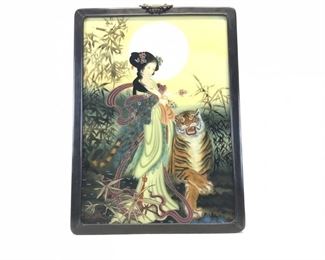 Antique Reverse Painting On Glass Geisha & Tiger