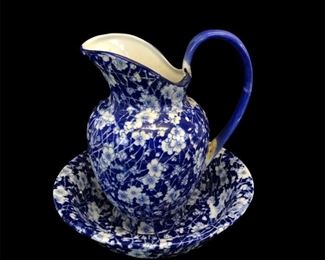 Antique Victoria Ware Ironstone Wash Basin & Pitcher Blue Calico