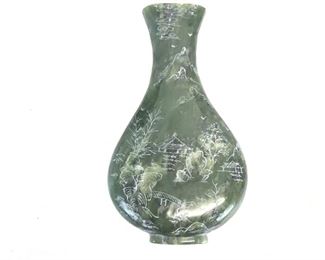 Asian Etched Green Jade Gemstone Vase Shaped Pendant