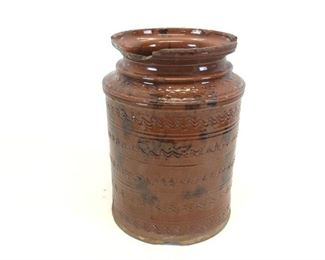 Antique Primitive Redware & Manganese Crock With Incised Band Decoration