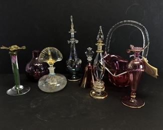 Blown Glass Lot - Perfume Bottles, Signed Candle Holder Possibly Charles Lotton
