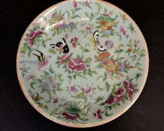 Celadon Glaze Chinese Porcelain Dish, Hand Painted - Qing Era Makers Mark